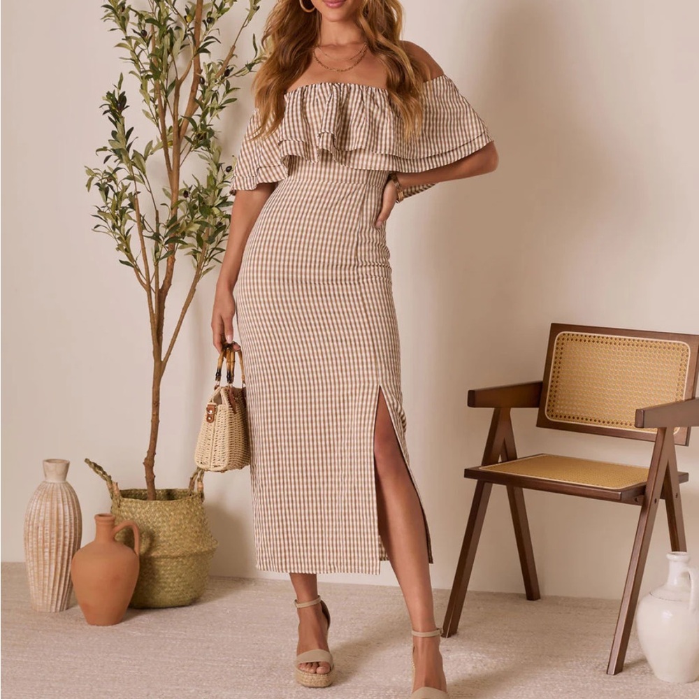 Vici Tan Gingham Off-Shoulder Midi Dress